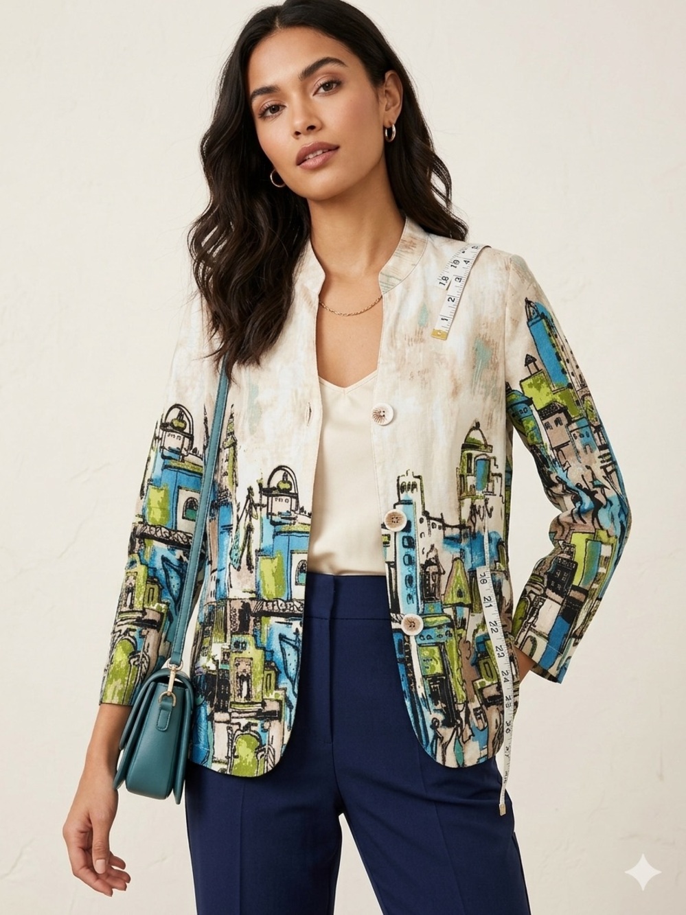 Christopher & Banks Linen Blend Artsy Cityscape Print Jacket - Size M